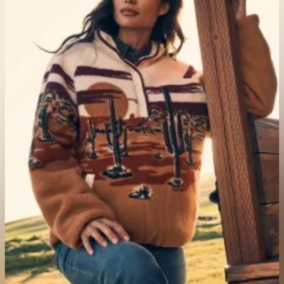 Wrangler Jackets & Blazers - Wrangler retro half snap pullover Sherpa fleece desert western scene